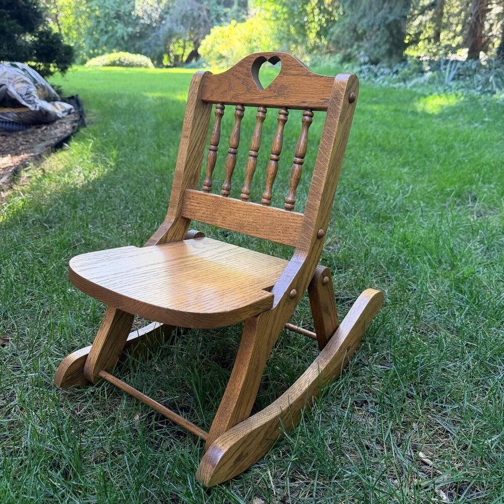 FOLDING Solid Wood Vtg Child Doll Rocking Chair Heart Shape Cottage Core Country